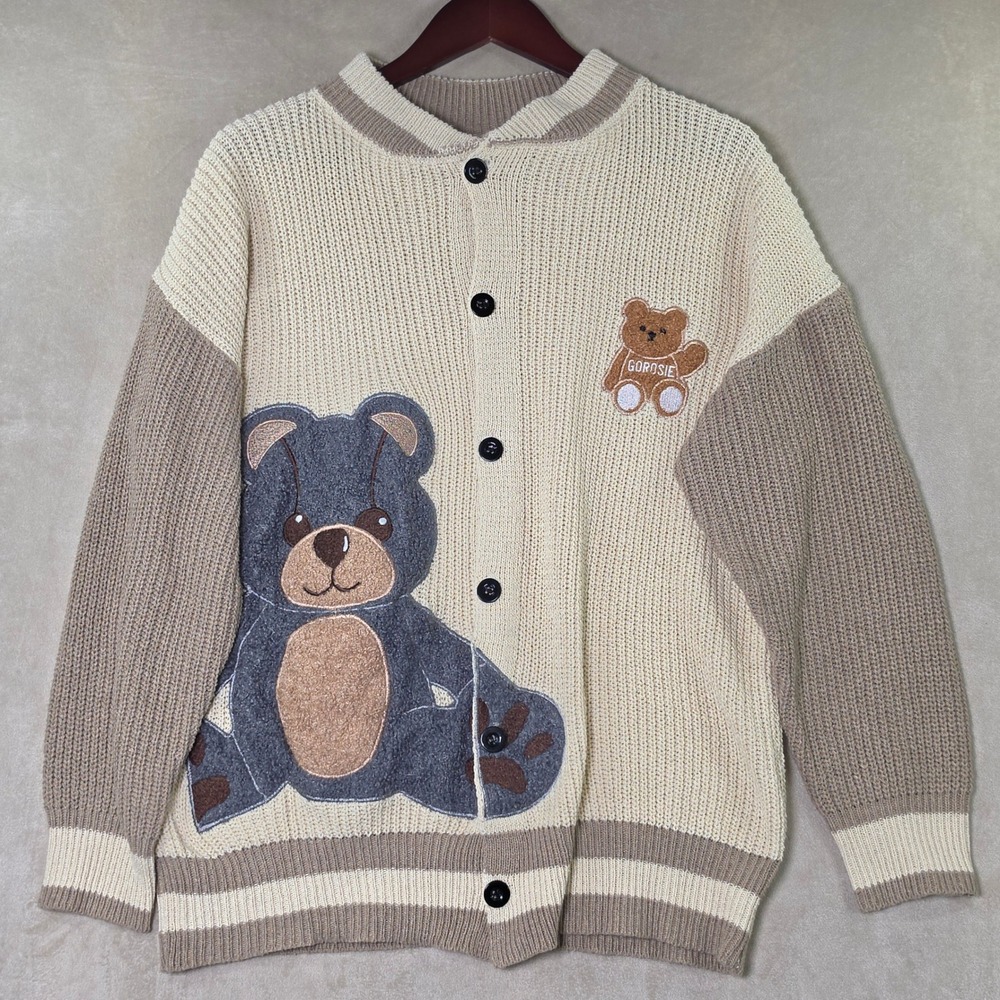 Gorosie Boutique Oversized Teddy Bear Cardigan Sweater Cream Taupe Large